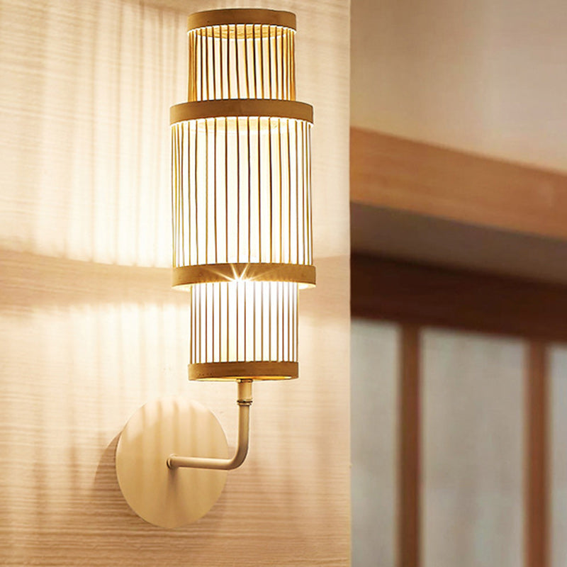 Traditional Japanese Bamboo Weaving Cage 1-Light Wall Sconce Lamp For Living Room