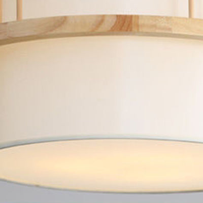 Traditional Japanese Wood Fabric Round Shade 1/4-Light Chandelier For Dining Room