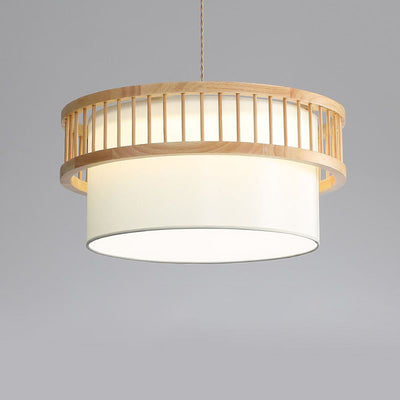 Traditional Japanese Wood Fabric Round Shade 1/4-Light Chandelier For Dining Room