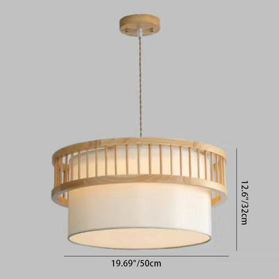 Traditional Japanese Wood Fabric Round Shade 1/4-Light Chandelier For Dining Room