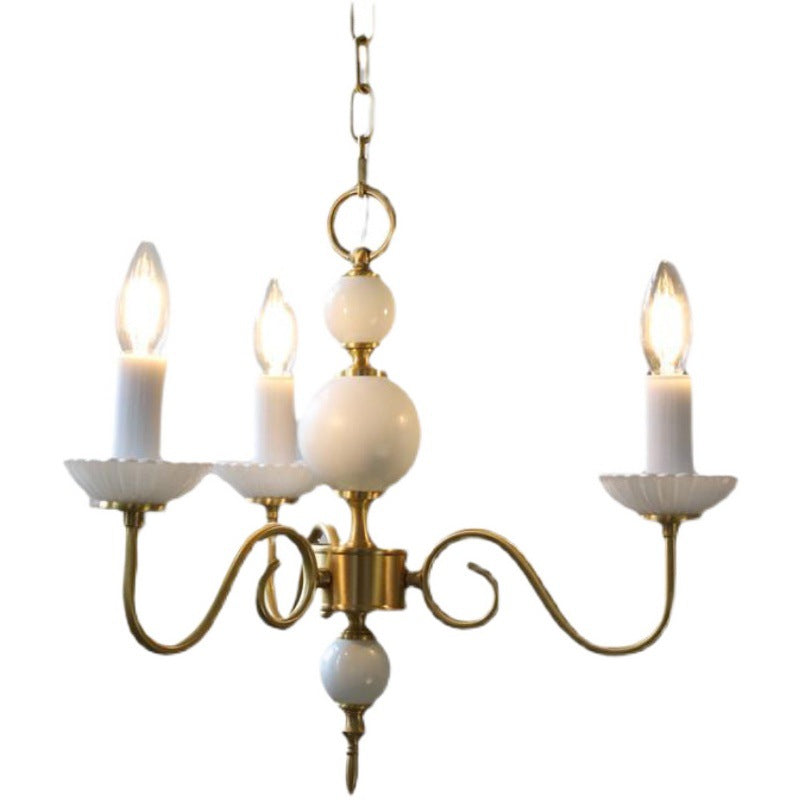 Traditional French Ceramic Candlestick Brass Frame 3-Light Chandelier For Living Room