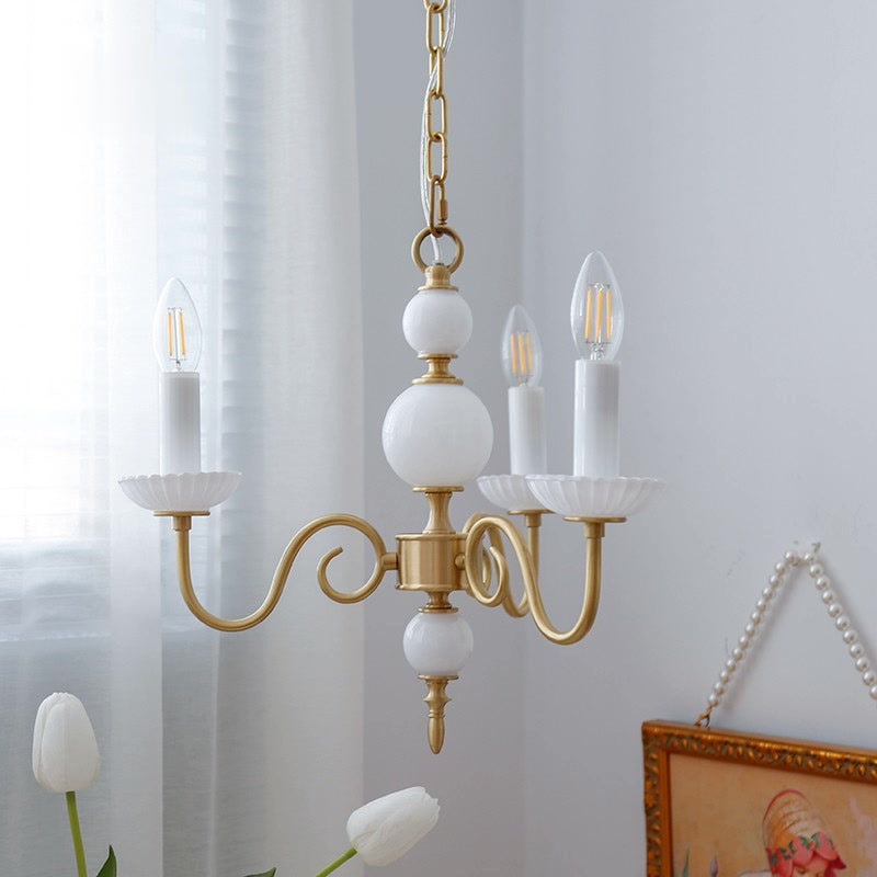 Traditional French Ceramic Candlestick Brass Frame 3-Light Chandelier For Living Room