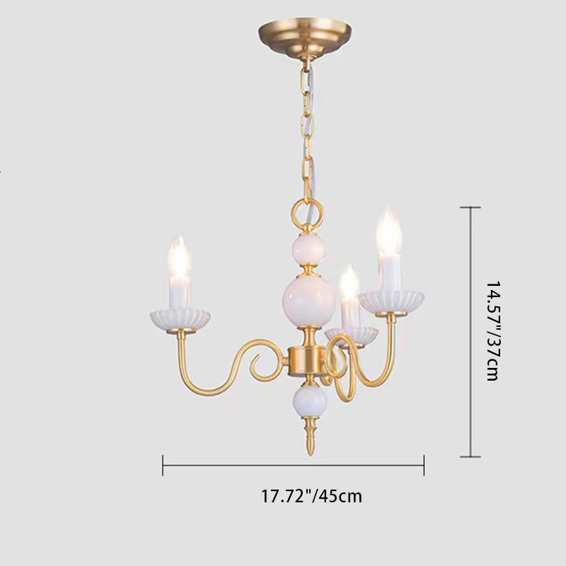 Traditional French Ceramic Candlestick Brass Frame 3-Light Chandelier For Living Room