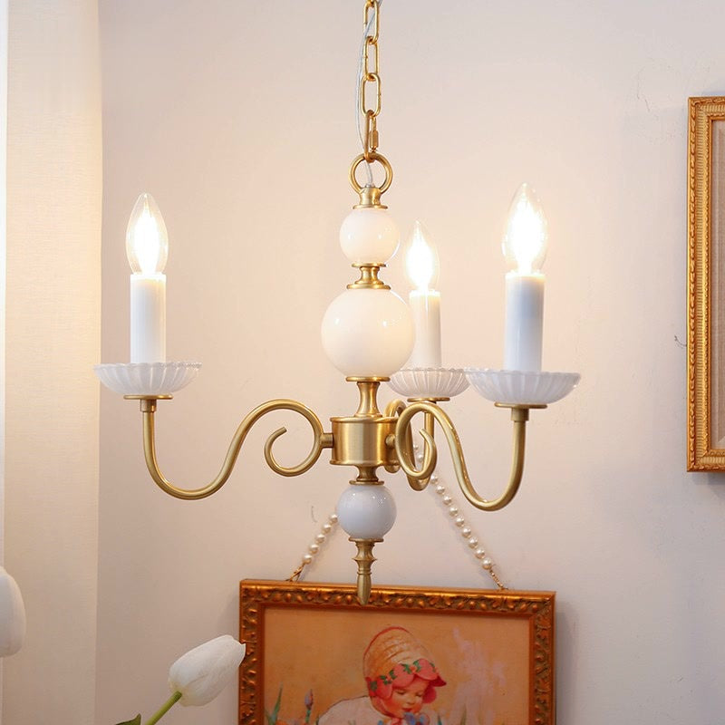 Traditional French Ceramic Candlestick Brass Frame 3-Light Chandelier For Living Room