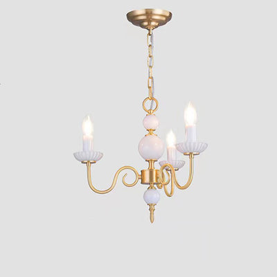 Traditional French Ceramic Candlestick Brass Frame 3-Light Chandelier For Living Room