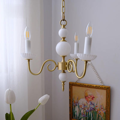 Traditional French Ceramic Candlestick Brass Frame 3-Light Chandelier For Living Room