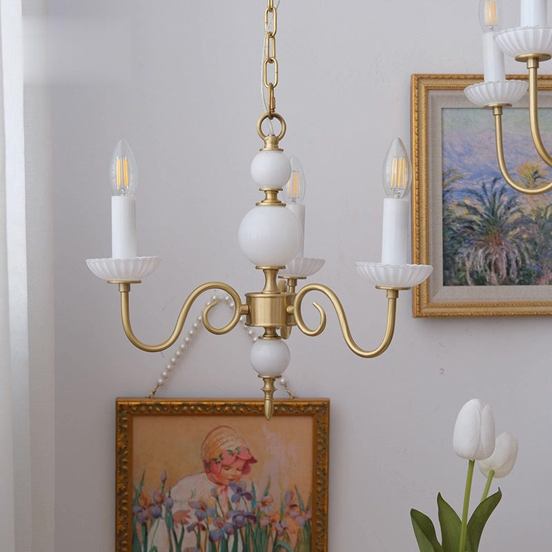 Traditional French Ceramic Candlestick Brass Frame 3-Light Chandelier For Living Room