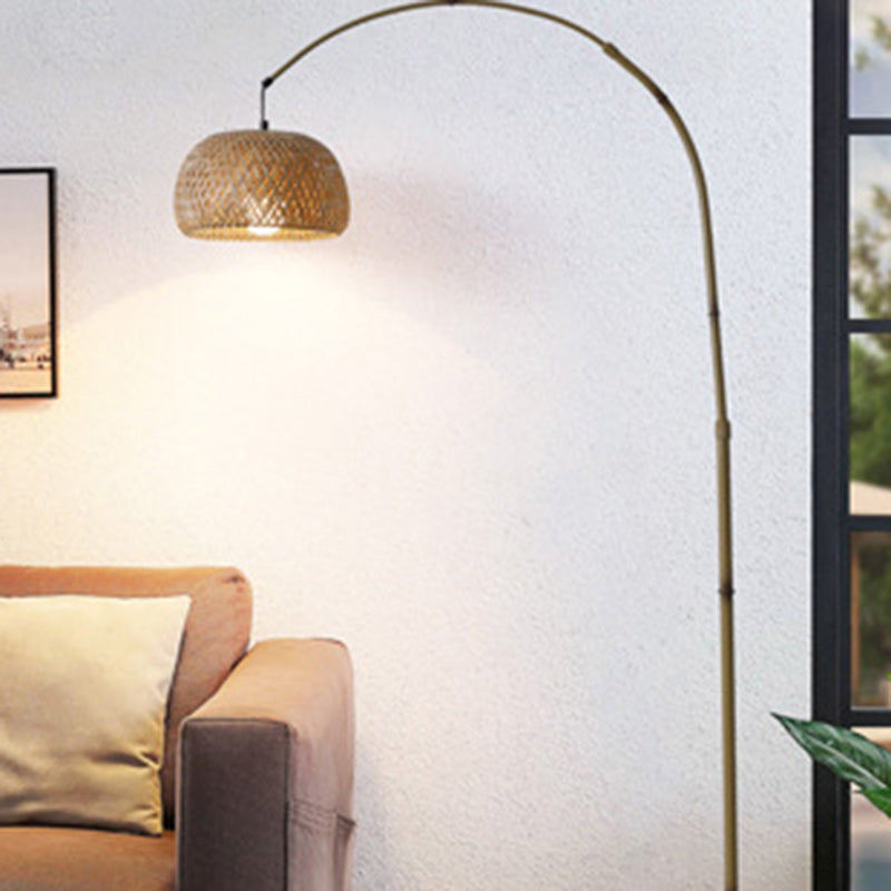 Contemporary Retro Bamboo Weaving Shade Arc 1-Light Standing Floor Lamp For Living Room