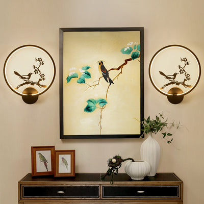 Traditional Chinese Magpie Lotus Leaf Acrylic Round LED Wall Sconce Lamp For Bedroom