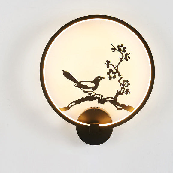 Traditional Chinese Magpie Lotus Leaf Acrylic Round LED Wall Sconce Lamp For Bedroom