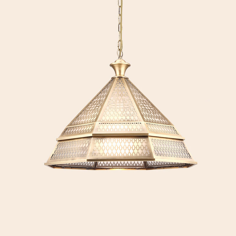 Traditional Rustic Antique Brass Hollow Cone 1-Light Pendant Light For Dining Room