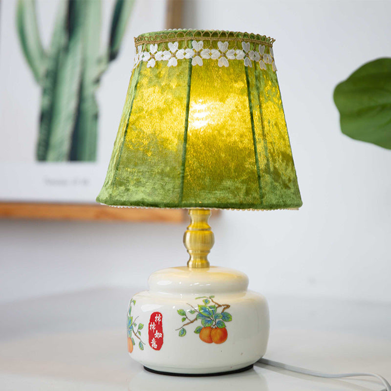 Traditional Chinese Fabric Shade Ceramic Base 1-Light Table Lamp For Bedroom