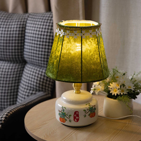 Traditional Chinese Fabric Shade Ceramic Base 1-Light Table Lamp For Bedroom