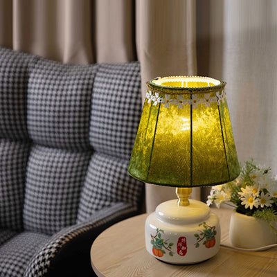 Traditional Chinese Fabric Shade Ceramic Base 1-Light Table Lamp For Bedroom