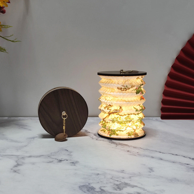 Traditional Chinese Foldable Paper Lotus Printed Lantern USB LED Table Lamp For Bedroom