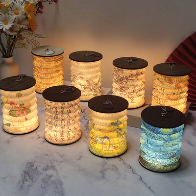 Traditional Chinese Foldable Paper Lotus Printed Lantern USB LED Table Lamp For Bedroom