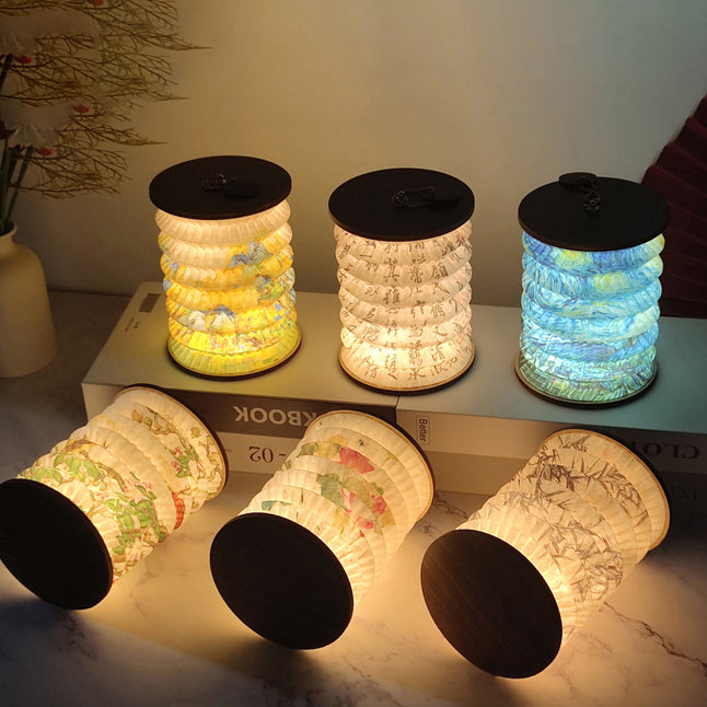 Traditional Chinese Foldable Paper Lotus Printed Lantern USB LED Table Lamp For Bedroom