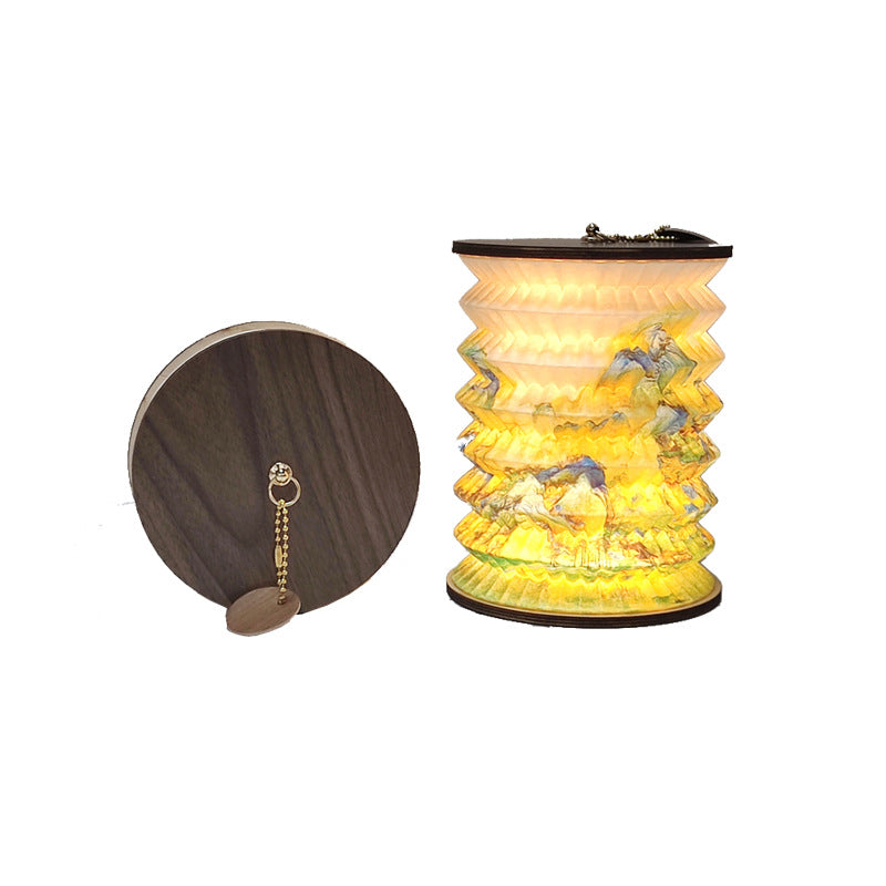 Traditional Chinese Foldable Paper Lotus Printed Lantern USB LED Table Lamp For Bedroom