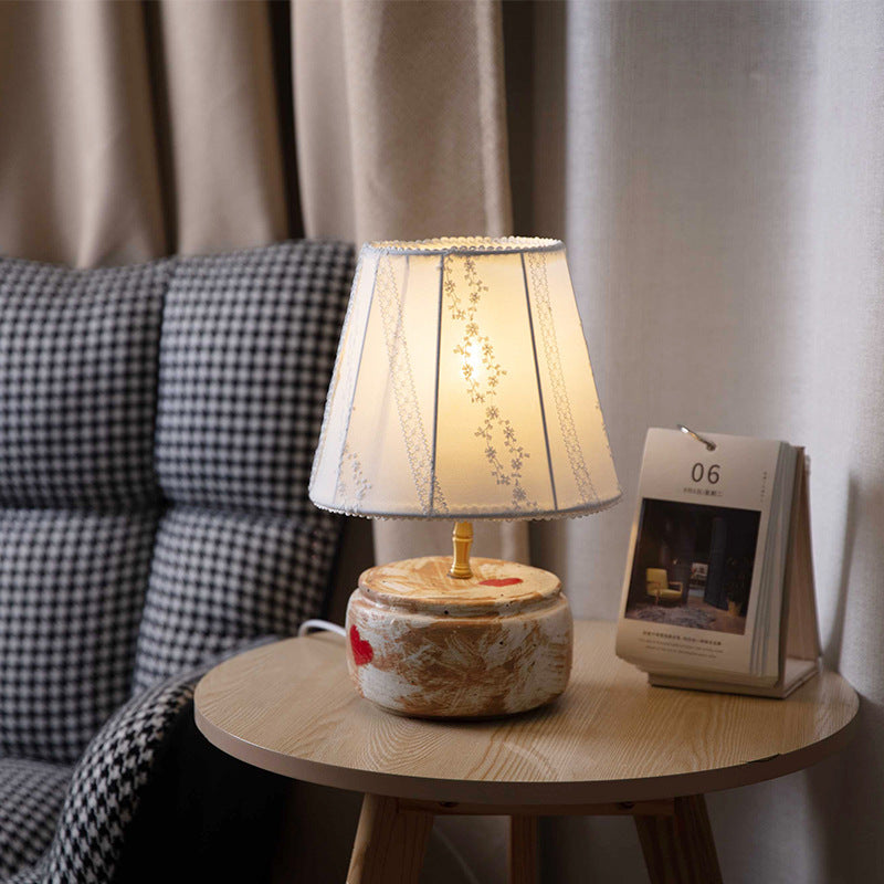 Traditional Chinese Fabric Shade Ceramic Round Base 1-Light Table Lamp For Bedroom