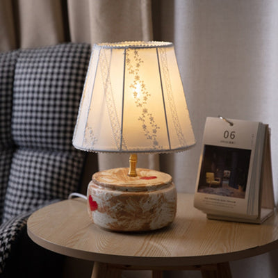 Traditional Chinese Fabric Shade Ceramic Round Base 1-Light Table Lamp For Bedroom