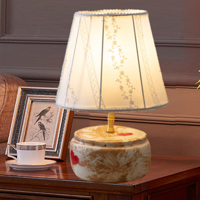 Traditional Chinese Fabric Shade Ceramic Round Base 1-Light Table Lamp For Bedroom