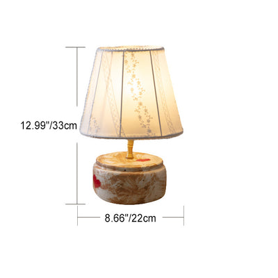 Traditional Chinese Fabric Shade Ceramic Round Base 1-Light Table Lamp For Bedroom