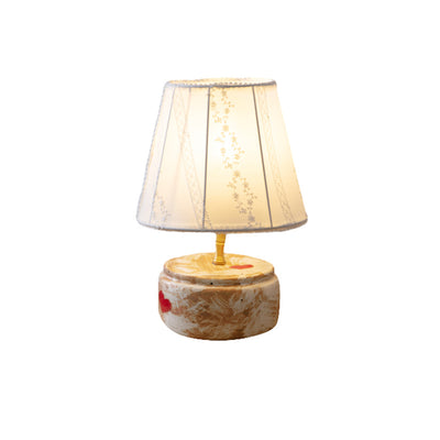 Traditional Chinese Fabric Shade Ceramic Round Base 1-Light Table Lamp For Bedroom