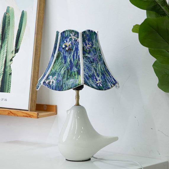 Traditional Chinese Floral Fabric Shade Teapot Spout Ceramic Base 1-Light Table Lamp For Bedroom