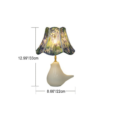 Traditional Chinese Floral Fabric Shade Teapot Spout Ceramic Base 1-Light Table Lamp For Bedroom