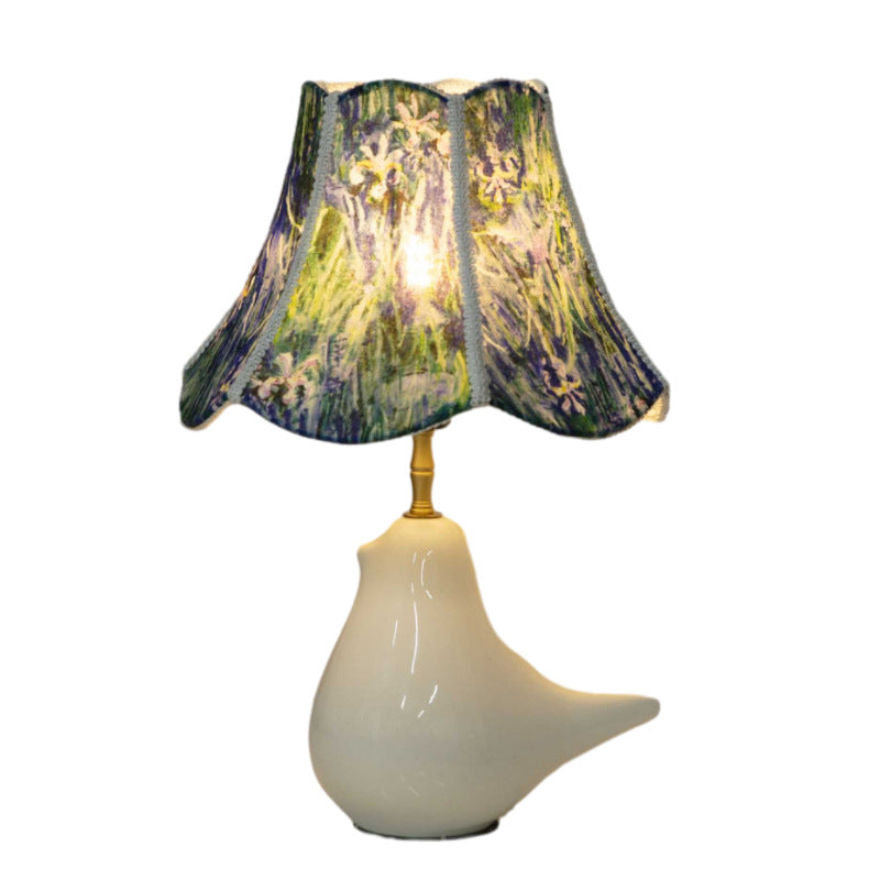 Traditional Chinese Floral Fabric Shade Teapot Spout Ceramic Base 1-Light Table Lamp For Bedroom