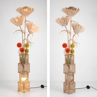 Traditional Japanese Plant Decoration Rattan Weaving Square Shade 1-Light Standing Floor Lamp For Living Room