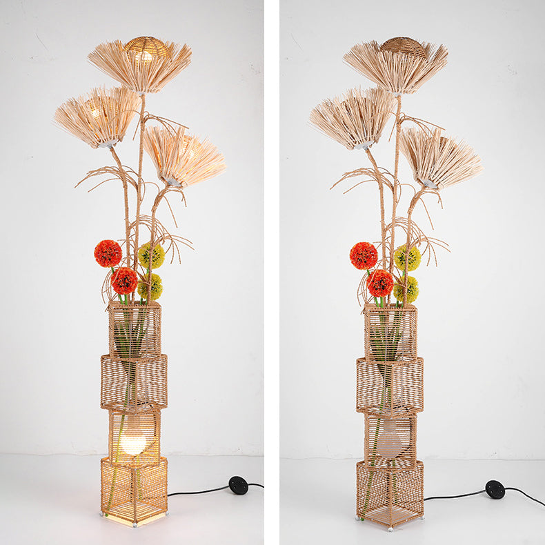 Traditional Japanese Plant Decoration Rattan Weaving Square Shade 1-Light Standing Floor Lamp For Living Room