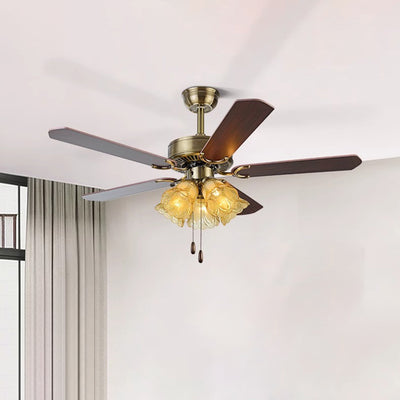 Traditional Retro Iron Wood Fan Flower Glass Shade 4-Light Ceiling Fan Light For Living Room