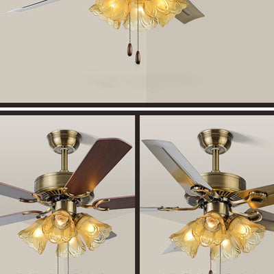 Traditional Retro Iron Wood Fan Flower Glass Shade 4-Light Ceiling Fan Light For Living Room