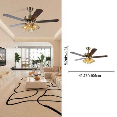 Traditional Retro Iron Wood Fan Flower Glass Shade 4-Light Ceiling Fan Light For Living Room