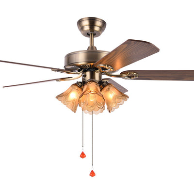 Traditional Retro Iron Wood Fan Flower Glass Shade 4-Light Ceiling Fan Light For Living Room