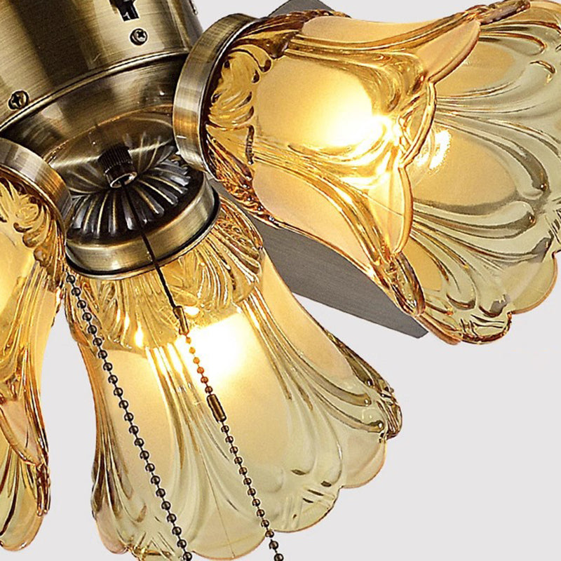 Traditional Retro Iron Wood Fan Flower Glass Shade 4-Light Ceiling Fan Light For Living Room