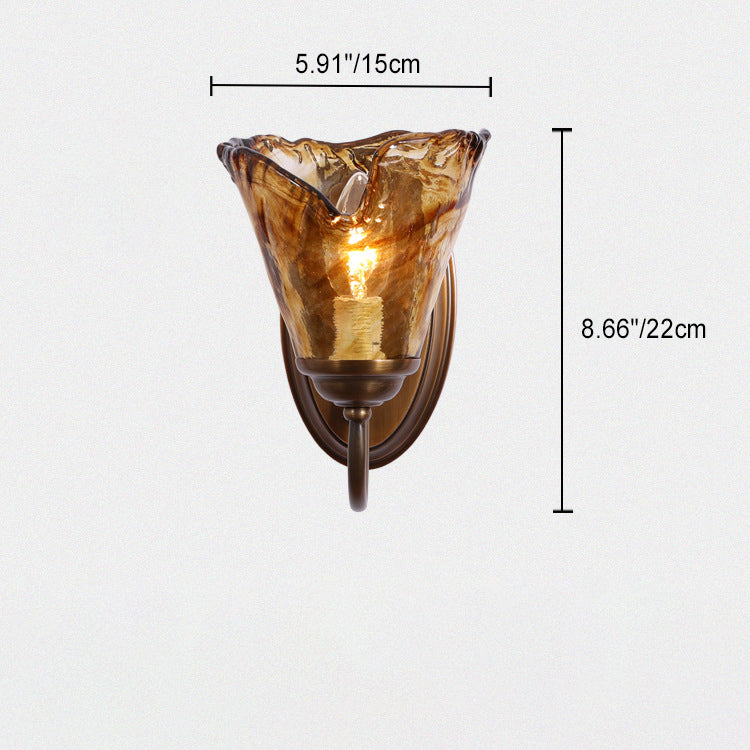 Contemporary Retro Amber Flower Glass Shade Copper 1-Light Wall Sconce Lamp For Bedroom