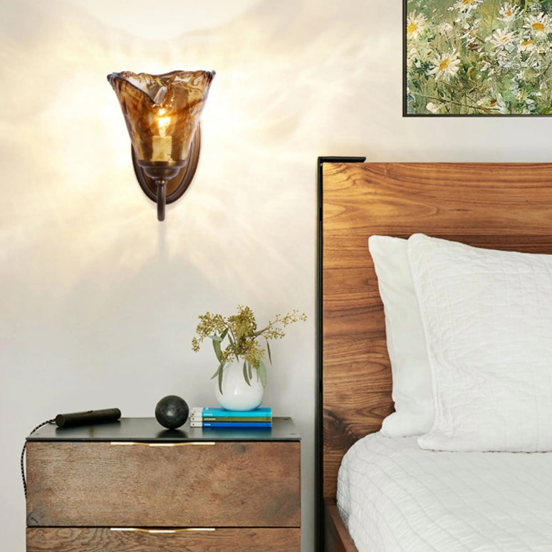 Contemporary Retro Amber Flower Glass Shade Copper 1-Light Wall Sconce Lamp For Bedroom