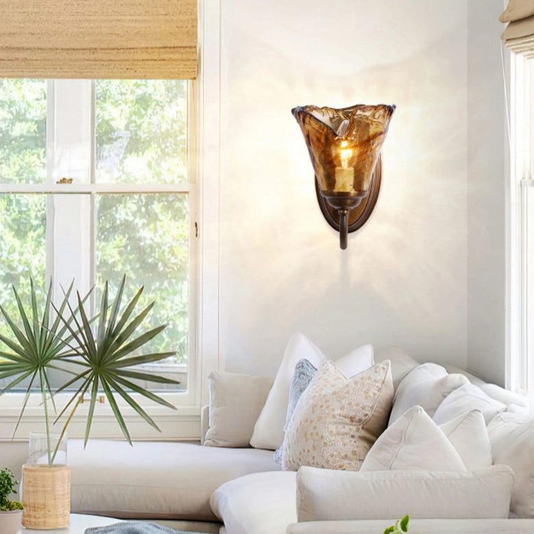 Contemporary Retro Amber Flower Glass Shade Copper 1-Light Wall Sconce Lamp For Bedroom