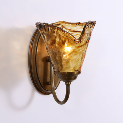 Contemporary Retro Amber Flower Glass Shade Copper 1-Light Wall Sconce Lamp For Bedroom