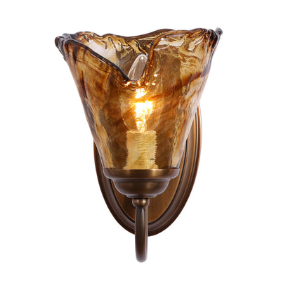 Contemporary Retro Amber Flower Glass Shade Copper 1-Light Wall Sconce Lamp For Bedroom