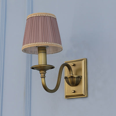 Traditional French Full Copper Pleated Fabric Shade 1-Light Wall Sconce Lamp For Bedroom