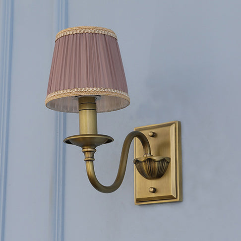 Traditional French Full Copper Pleated Fabric Shade 1-Light Wall Sconce Lamp For Bedroom