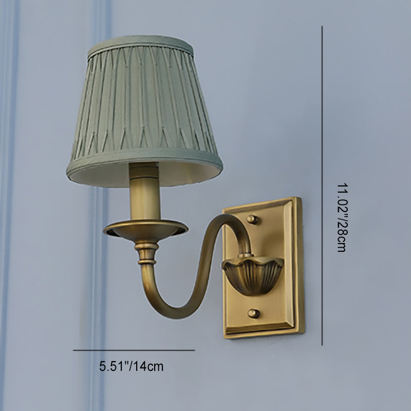 Traditional French Full Copper Pleated Fabric Shade 1-Light Wall Sconce Lamp For Bedroom