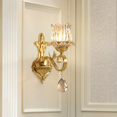 Modern Luxury Gold-Finished Frame Floral Glass Shade 1-Light Wall Sconce Lamp For Bedroom