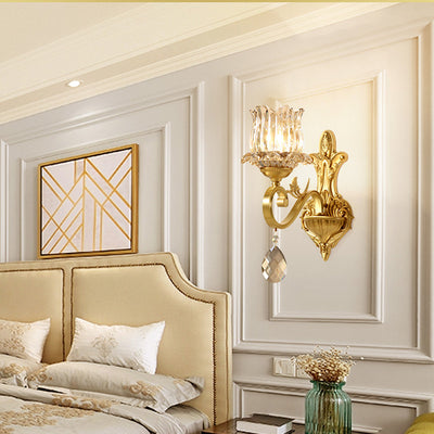 Modern Luxury Gold-Finished Frame Floral Glass Shade 1-Light Wall Sconce Lamp For Bedroom