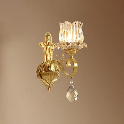 Modern Luxury Gold-Finished Frame Floral Glass Shade 1-Light Wall Sconce Lamp For Bedroom