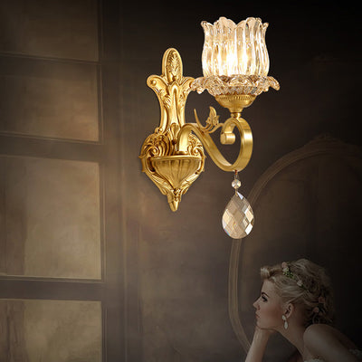 Modern Luxury Gold-Finished Frame Floral Glass Shade 1-Light Wall Sconce Lamp For Bedroom