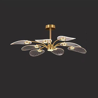 Zeitgenössische Luxus Acryl Blätter Textur Schatten Goldene Finish Rahmen LED Kronleuchter Für Wohnzimmer 